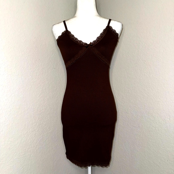 H&M Bodycon Dress Women's Small Brown Ribbed Lace Trim Spaghetti Straps Coquette - Picture 2 of 9
